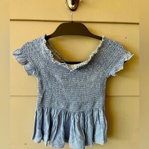 Japana Smocked Off the Shoulder or On Blue striped Top